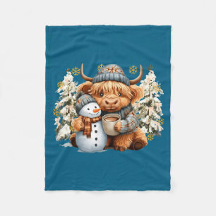 Cute Highland Cow With Snowman Hot Cocoa Christmas Fleece Blanket