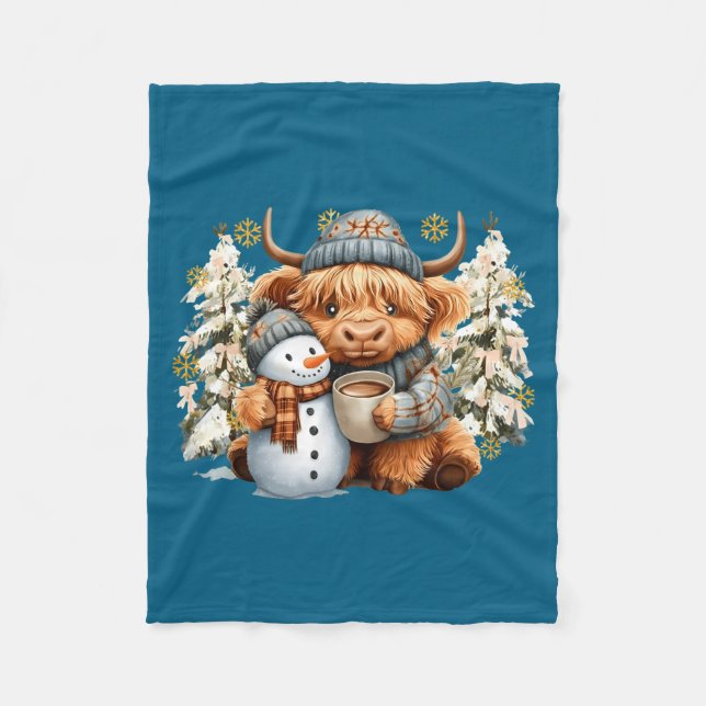 Cute Highland Cow With Snowman Hot Cocoa Christmas Fleece Blanket (Front)