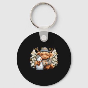 Cute Highland Cow With Snowman Hot Cocoa Christmas Keychain