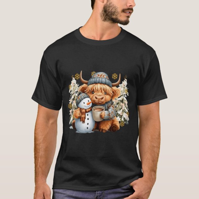 Cute Highland Cow With Snowman Hot Cocoa Christmas T-Shirt (Front)