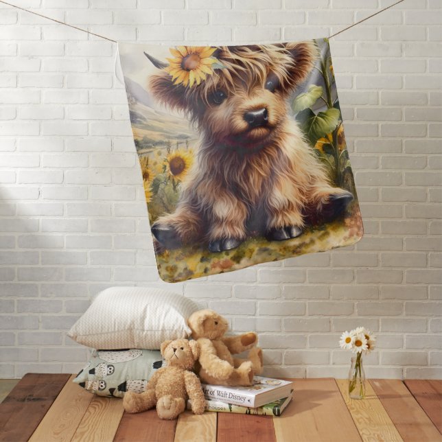 Cute Highland Cow With Sunflowers Baby Blanket (In Situ)