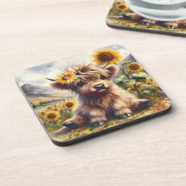 Cute Highland Cow With Sunflowers Beverage Coaster (Left Side)