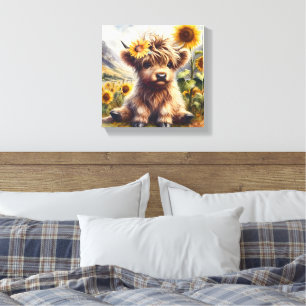 Cute Highland Cow With Sunflowers Canvas Print