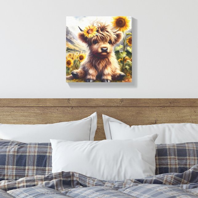 Cute Highland Cow With Sunflowers Canvas Print (Insitu(Bedroom))