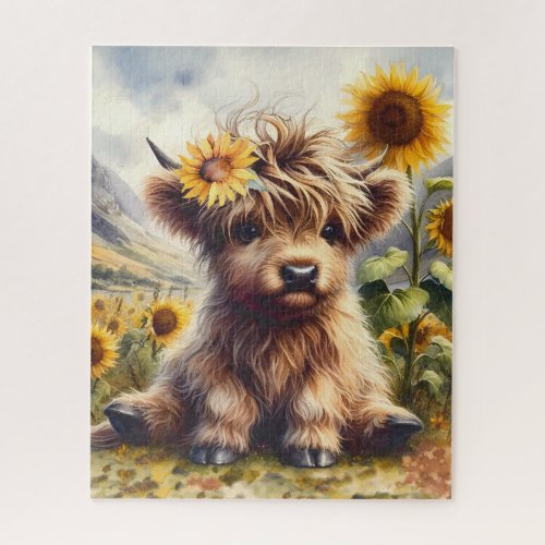 Cute Highland Cow With Sunflowers  Jigsaw Puzzle