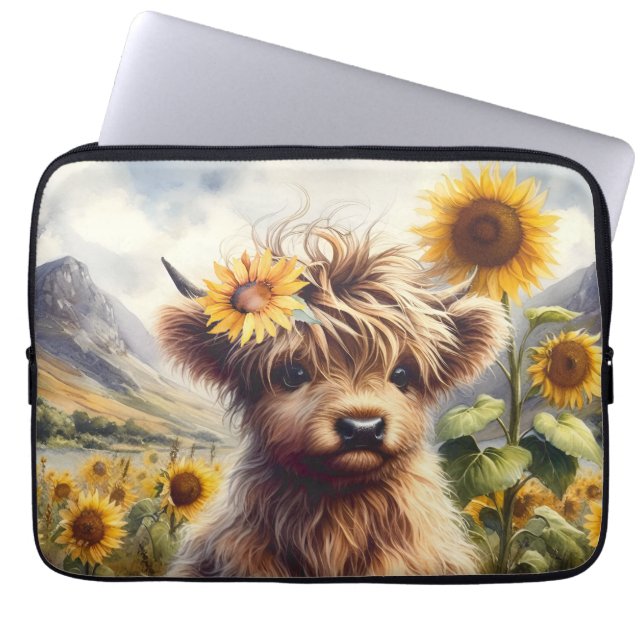 Cute Highland Cow With Sunflowers Laptop Sleeve (Front)