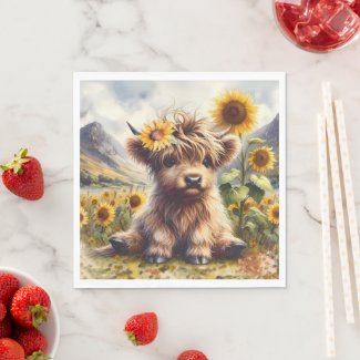 Cute Highland Cow With Sunflowers