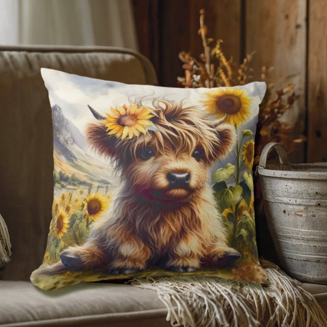 Cute Highland Cow With Sunflowers Throw Pillow (Creator Uploaded)