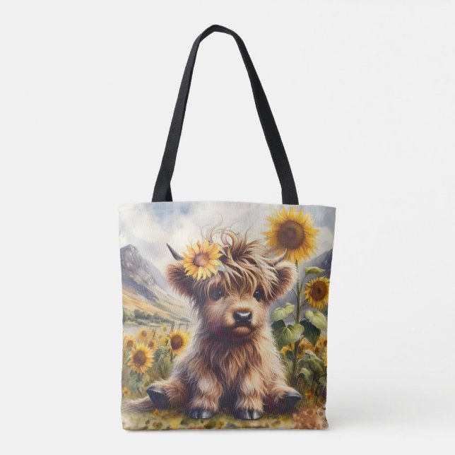 Cute Highland Cow With Sunflowers Tote Bag (Back)