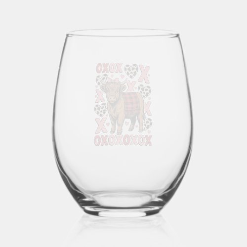 Cute Highland Cow XOXO Valentine Vintage Shirt Des Stemless Wine Glass