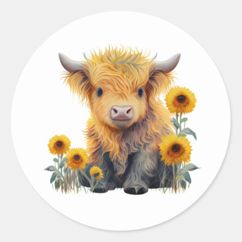 Cute Highland Cow Yellow Sunflower Classic Round Sticker