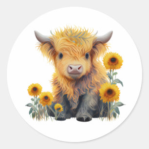 Cute Highland Cow Yellow Sunflower Classic Round Sticker