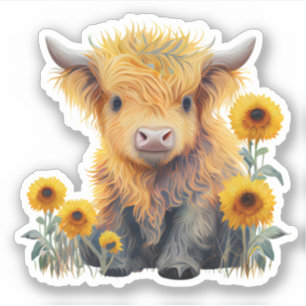 Cute Highland Cow Yellow Sunflower Custom Vinyl Sticker