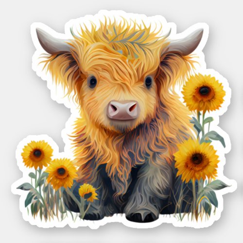 Cute Highland Cow Yellow Sunflower Custom Vinyl Sticker