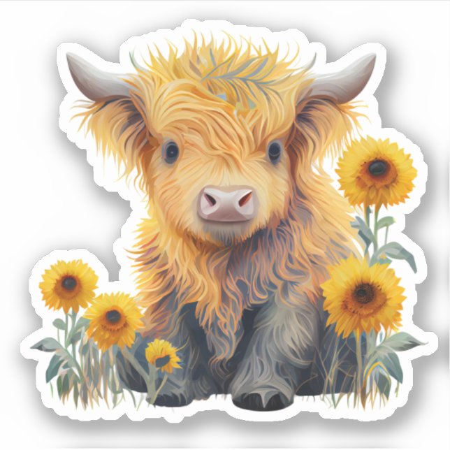 Cute Highland Cow Yellow Sunflower Custom Vinyl Sticker (Front)