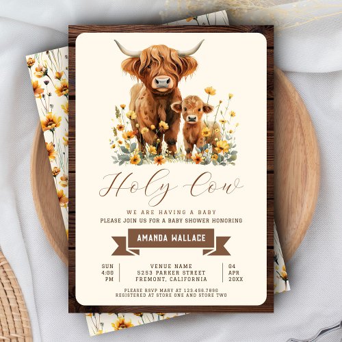 Cute Highland Cow Yellow Wildflowers Baby Shower Invitation