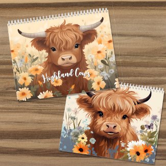Cute Highland Cows and Calves Floral