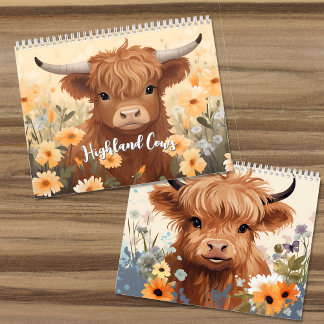 Cute Highland Cows and Calves Floral Calendar