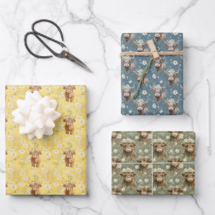 Cute Highland Cows and Flowers Wrapping Paper Sheets