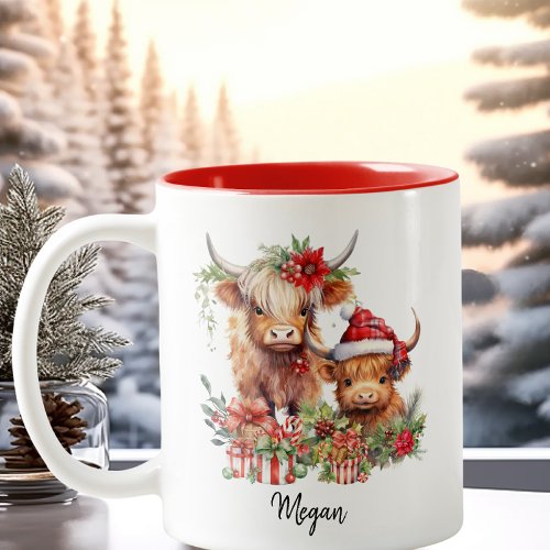 Cute Highland Cows Calf Christmas Santa Hat Two_Tone Coffee Mug