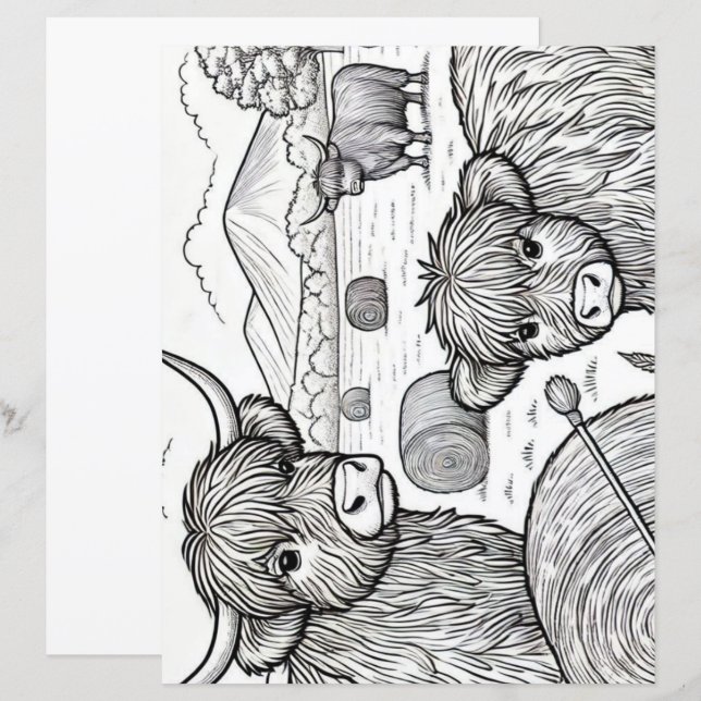 Cute Highland Cows Coloring Page  (Front/Back)