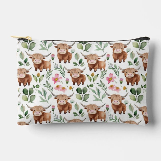 Cute Highland Cows & Pink Flowers Pattern Floral Accessory Pouch (Front)