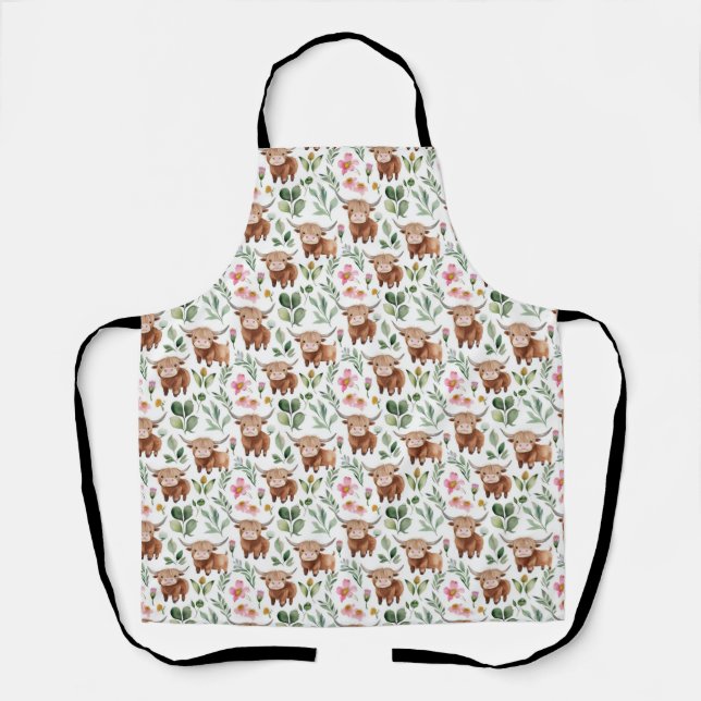 Cute Highland Cows & Pink Flowers Pattern Floral Apron (Front)