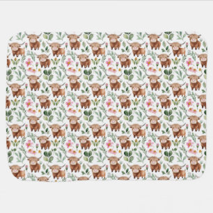 Cute Highland Cows & Pink Flowers Pattern Floral Baby Blanket