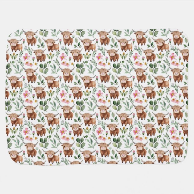 Cute Highland Cows & Pink Flowers Pattern Floral Baby Blanket (Horizontal)