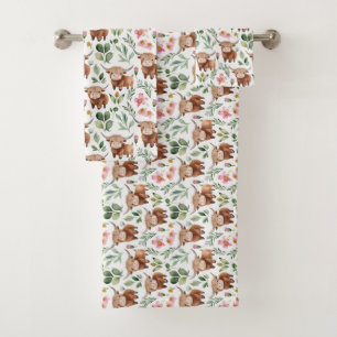 Cute Highland Cows & Pink Flowers Pattern Floral Bath Towel Set