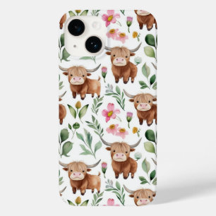 Cute Highland Cows & Pink Flowers Pattern Floral Case-Mate iPhone 14 Case