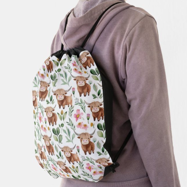 Cute Highland Cows & Pink Flowers Pattern Floral Drawstring Bag (Insitu)