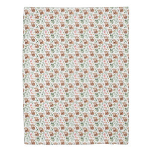 Cute Highland Cows & Pink Flowers Pattern Floral Duvet Cover
