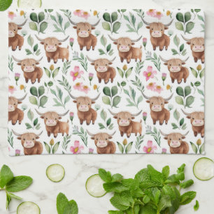 Cute Highland Cows & Pink Flowers Pattern Floral Kitchen Towel
