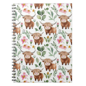 Cute Highland Cows & Pink Flowers Pattern Floral Notebook