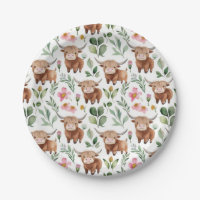 Cute Highland Cows & Pink Flowers Pattern Floral