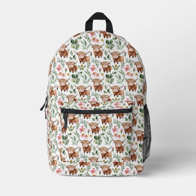Cute Highland Cows & Pink Flowers Pattern Floral Printed Backpack (Front)