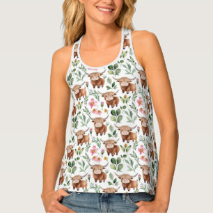 Cute Highland Cows & Pink Flowers Pattern Floral Tank Top