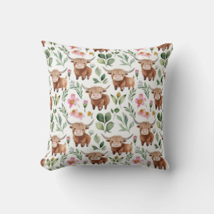 Cute Highland Cows & Pink Flowers Pattern Floral Throw Pillow