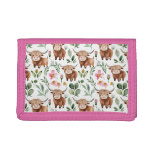 Cute Highland Cows & Pink Flowers Pattern Floral Tri-fold Wallet
