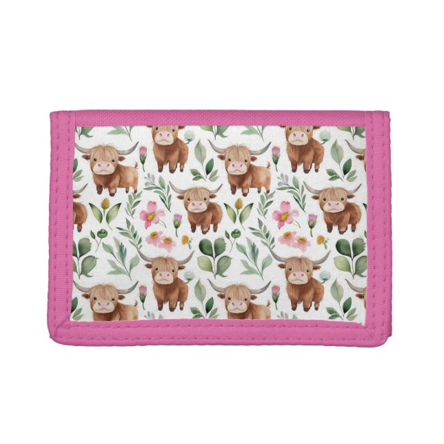 Cute Highland Cows & Pink Flowers Pattern Floral Trifold Wallet (Front)