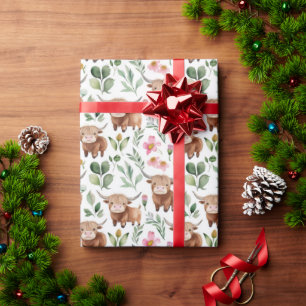 Cute Highland Cows & Pink Flowers Pattern Floral Wrapping Paper