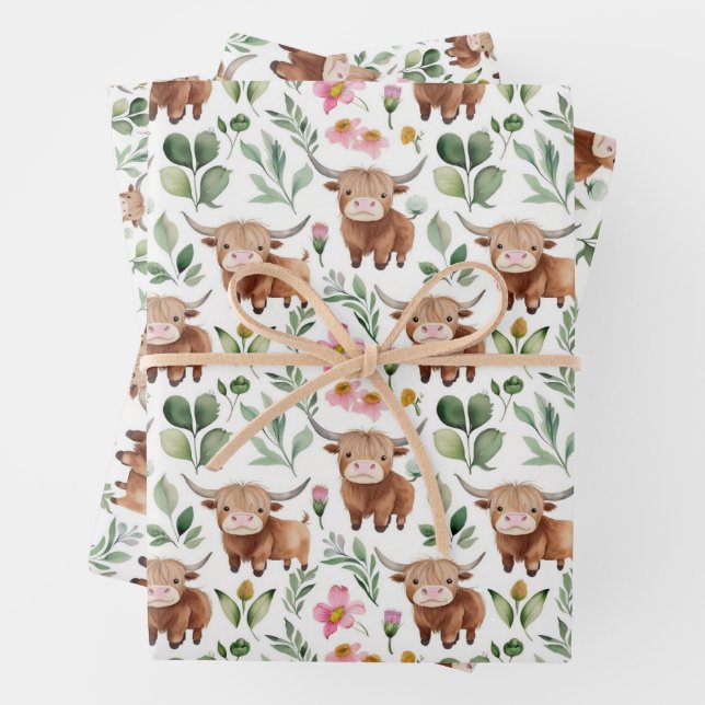 Cute Highland Cows & Pink Flowers Pattern Floral Wrapping Paper Sheets (In situ)