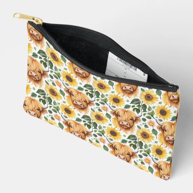 Cute Highland Cows & Yellow Sunflower Flowers Accessory Pouch (Open)