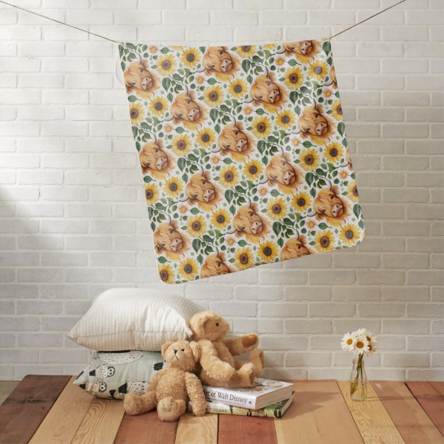 Cute Highland Cows & Yellow Sunflower Flowers Baby Blanket (In Situ)