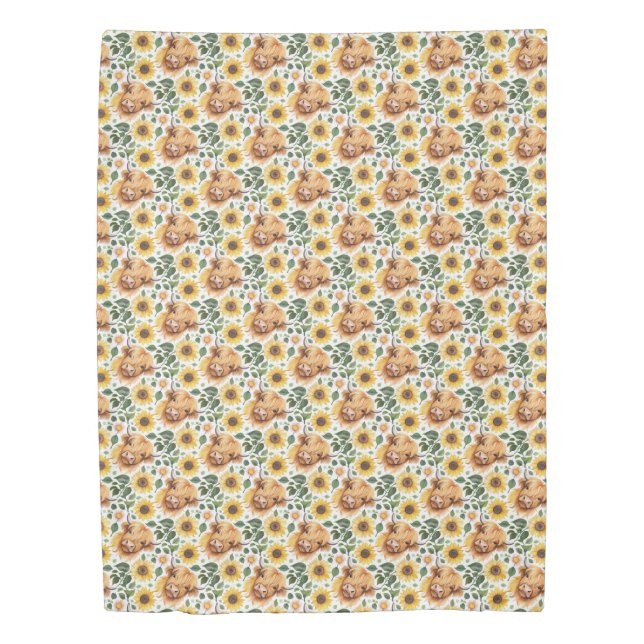 Cute Highland Cows & Yellow Sunflower Flowers Duvet Cover (Front)