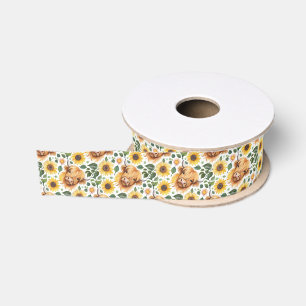 Cute Highland Cows & Yellow Sunflower Flowers Grosgrain Ribbon