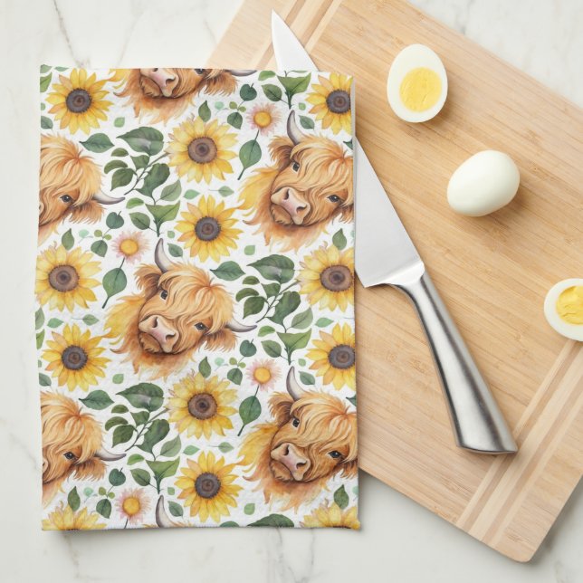 Cute Highland Cows & Yellow Sunflower Flowers Kitchen Towel (Quarter Fold)