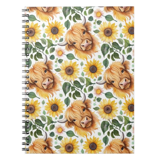 Cute Highland Cows & Yellow Sunflower Flowers Notebook (Front)