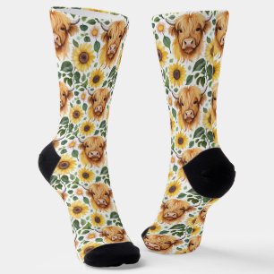 Cute Highland Cows & Yellow Sunflower Flowers Socks